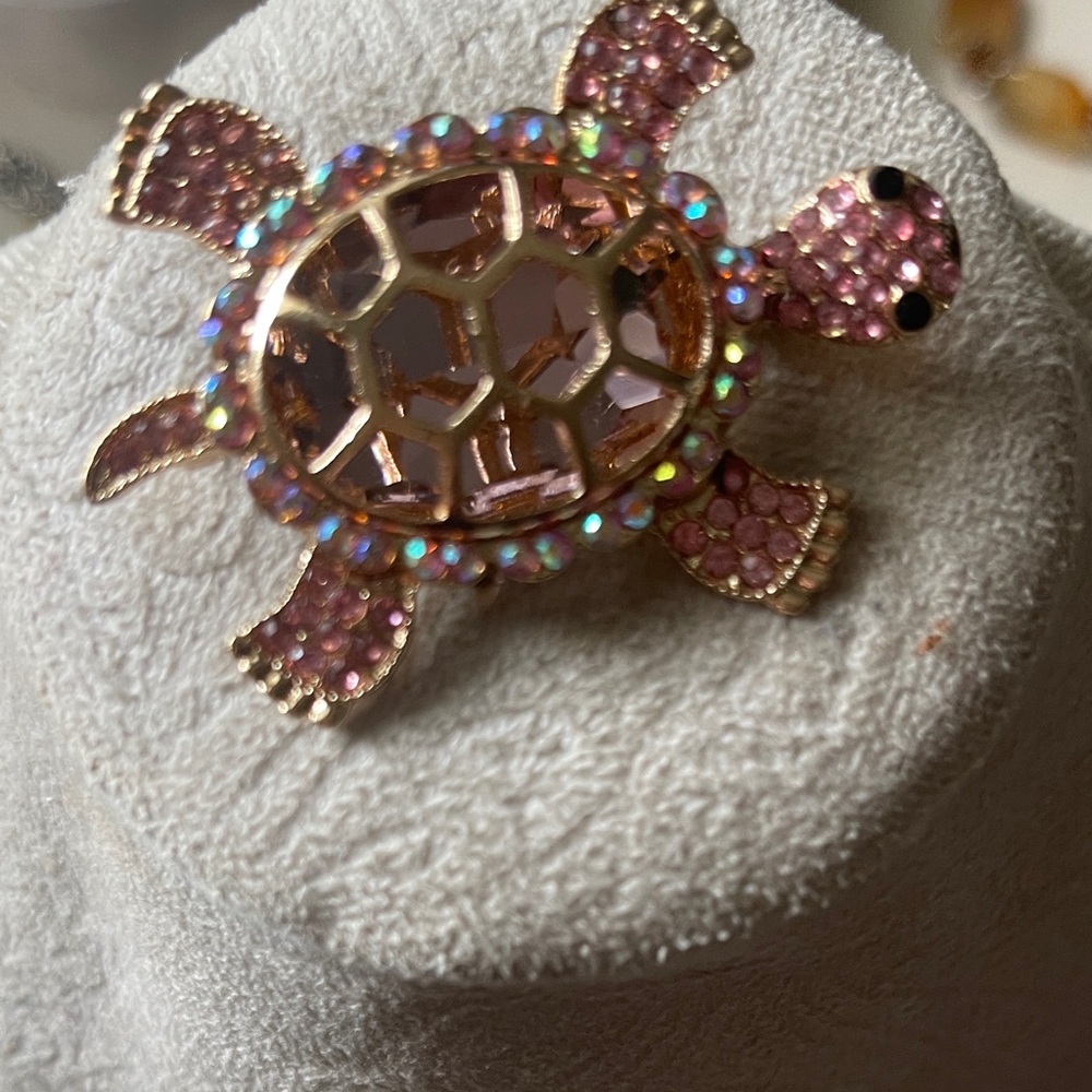Pink and Gold Turtle Brooch with Rhinestones in multi colors around the body.